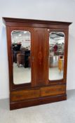 EDWARDIAN MAHOGANY INLAID TWO DOOR WARDROBE WITH TWO DRAWERS TO BASE AND MIRRORED PANELS W 162CM D