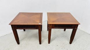 A PAIR OF MODERN CHERRYWOOD FINISH LAMP TABLES EACH W 56CM X D 56CM X H 54CM.