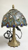 A REPRODUCTION TIFFANY STYLE TABLE LAMP PEACOCK FEATHER DESIGN - SOLD AS SEEN.