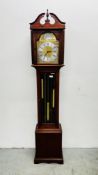 A REPRODUCTION MAHOGANY LONG CASE CLOCK WITH WESTMINSTER CHIME - HEIGHT 180CM.