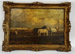 19th CENTURY ENGLISH SCHOOL - OIL ON CANVAS LANDSCAPE WITH PLOUGH TEAM, UNSIGNED, W 75 X H 50CM.
