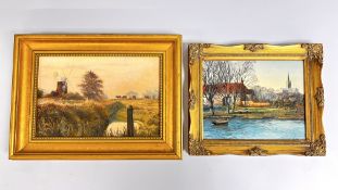 A FRAMED OIL ON BOARD TITLED THE WINDMILL AT CLEY NEXT THE SEA BEARING SIGNATURE KEN BIZON H 19CM L