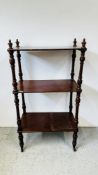 A VICTORIAN MAHOGANY THREE TIER WOT-NOT W 84CM D 46CM H 152CM.