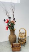 A LARGE SEAGRASS CONVENER VASE HEIGHT 80CM ALONG WITH A BAMBOO DRINKS TROLLEY AND WICKER BASKET.