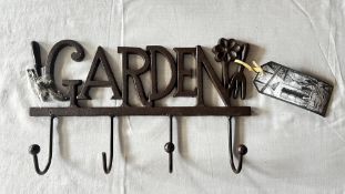 METAL GARDEN TOOL HOOK, SLIGHT DAMAGE ON ONE HOOK.
