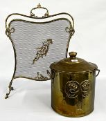 A DECORATIVE BRASS SPARK GUARD ALONG WITH A BRASSED COAL BOX WITH EMBOSSED NOUVEAU DESIGN.