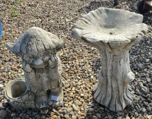 ELF GARDEN ORNAMENT WITH PLANTER, SLIGHT DAMAGE ON FOOT ALONG WITH A TREE STUMP STYLE BIRD BATH,