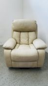 A CREAM LEATHER RISE AND RECLINE EASY CHAIR.