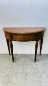 GOOD QUALITY REPRODUCTION SINGLE DRAWER DEMI LUNE SIDE TABLE.