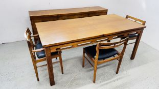 A MID CENTURY TEAK FINISH SIDEBOARD, THE THREE CENTRAL DRAWERS FLANKED BY CUPBOARDS,