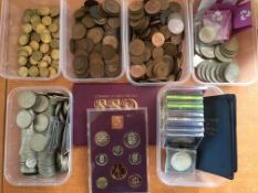 COINS: BOX WITH UK MIXED TO INCLUDE CUPRO-NICKEL HALF CROWNS, 1970 PROOF SET, PENNIES ETC.