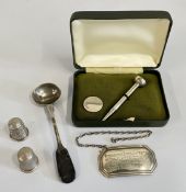 A SILVER DECANTER LABEL BEARING INSCRIPTION, SILVER MUSTARD SPOON,