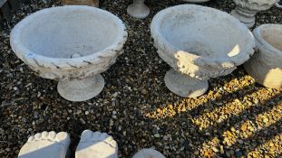 A PAIR OF LARGE SHALLOW STONEWORK PEDESTAL GARDEN PLANTERS DECORATED WITH SHELL & FOLIAGE DESIGNS