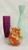 TWO LARGE ART GLASS VASES TO INCLUDE A PURPLE EXAMPLE + A MURANO STYLE JUG.