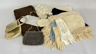 A BOX OF VINTAGE SHAWLS TO INCLUDE HAND KNITTED EXAMPLES + A FUR STOLE PLUS VINTAGE GLOVES AND