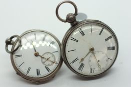 TWO ANTIQUE SILVER CASED POCKET WATCHES TO INCLUDE LONDON 1857 AND LONDON 1974 EXAMPLES.