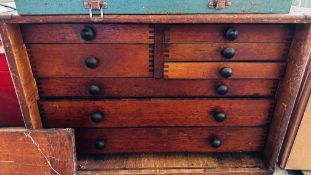A VINTAGE HARDWOOD EIGHT DRAWER ENGINEERS BOX PLUS STEEL CANTILEVER TOOL BOX AND CONTENTS,