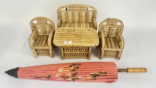 A HAND CRAFTED 4 PIECE MINIATURE WOODEN GARDEN SET PLUS A HAND PAINTED ORIENTAL UMBRELLA (A/F).