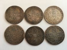 COINS: A SELECTION OF SHILLINGS 1697, 1711, 1723, 1739, 1745, 1745 LIMA. (6 COINS).