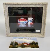 A FRAMED AND MOUNTED OIL ON BOARD TITLED DOULTONS NORFOLK CHINA WITH RASPBERRIES W 16.5 X H 11.