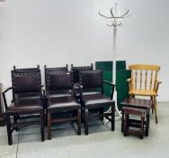 A SET OF 6 LEATHER UPHOLSTERED AND OAK FRAMED DINING CHAIRS INCLUDING 2 CARVERS,