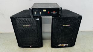 A PAIR OF CARLSBRO LOUD SPEAKERS ALONG WITH H H VX-1200 MOS-FET HIGH PERFORMANCE POWER AMPLIFIER -