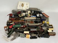 A LARGE BOX OF MODEL RAILWAY ENGINES, TRACK, SCENERY INCLUDING HORNBY AND TRIANG.