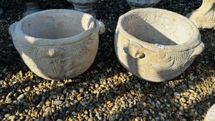 A PAIR OF STONEWORK PLANTING TUBS DECORATED WITH ACANTHUS LEAVE - DIAMETER 50CM.