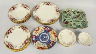 A CHINESE CELADON STYLE PLATE + A JAPANESE IMARI STYLE PLATE,