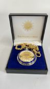 FRANKLIN MINT MILLENNIUM COMM POCKET WATCH AND CHAIN IN PRESENTATION BOX.