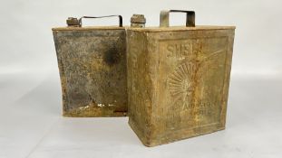 TWO VINTAGE FUEL CANS TO INCLUDE SHELL AND ONE WITH BP LID.
