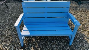 TWO WOODEN PAINTED GARDEN BENCHES BLUE AND GREEN.