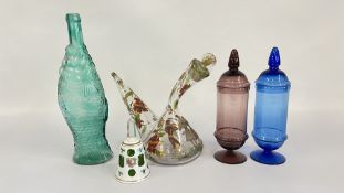 A HAND PAINTED DECANTER SIGNED RIERA + A HAND PAINTED BELL,