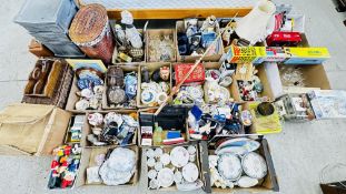 21 X BOXES CONTAINING AN EXTENSIVE GROUP OF HOUSEHOLD SUNDRIES TO INCLUDE CHINA AND GLASSWARE,