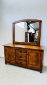 A RUSTIC RECLAIMED 3 DRAWER 2 DOOR SIDEBOARD, W 153CM X D 49CM X H 81CM + A MATCHING MIRROR,