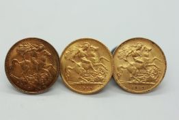 3 X HALF SOVEREIGN GOLD COINS (1908, 1912, 1914).