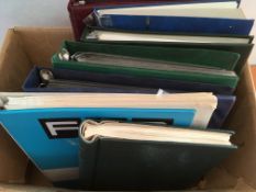 STAMPS: BOX WITH GB MINT, USED FIRST DAY COVERS, ALDERNEY, ETC IN SEVEN VOLUMES, A FEW MINT DECIMAL.