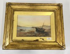 A GILT FRAMED AND MOUNTED OIL ON CANVAS, HARBOUR SCENE BEARING SIGNATURE E.