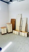 A MODERN CREAM FINISH FIVE DRAWER TOWER CHEST AND MATCHING THREE DRAWER BEDSIDE CHEST WITH NATURAL