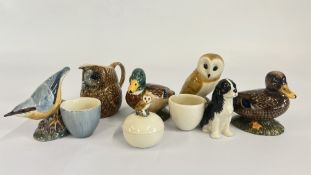 7 PIECES OF QUAIL POTTERY TO INCLUDE DOG EGG CUP, DUCK, OWL, BLUE TIT, ETC.