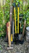 GROUP OF BUILDERS TOOLS TO INCLUDE SLEDGE HAMMERS, HOLE DIGGER, AXE ETC.