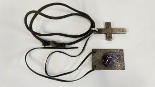 A VINTAGE WHITE METAL BRUTALIST AMETHYST PENDANT AND CROSS.