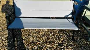 TWO CAST METAL ENDED GARDEN BENCHES.
