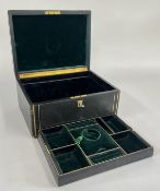 A FINE ANTIQUE LEATHER BOUND JEWELLERY BOX, VELVET LINED MARKED B-FINNIGAN, MAKER MANCHESTER.