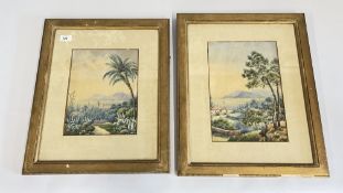 2 X FRAMED WATERCOLOURS ISLAND SCENES, INDISTINCT SIGNATURES, THE LARGEST 33 X 22.5CM.