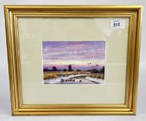 A FRAMED AND MOUNTED OIL ON CARD TITLED WINTER FLEET DYKE HALVERGATE MARSH NORFOLK BEARING