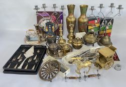 A BOX OF MIXED METAL WARE TO INCLUDE BRASS AND PLATED WARE, PAIR OF METAL CRAFT CANDELABRAS,