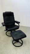 A BLACK FAUX LEATHER RELAXER CHAIR AND MATCHING FOOT STOOL.