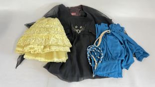 A VINTAGE BLACK BEADED POLYESTER DRESS BEARING ORIGINAL LABEL RICHARD SHOPS ALONG WITH A SATIN LACE