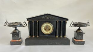 VICTORIAN SLATE MANTEL CLOCK W / GARNITURE PAIR.